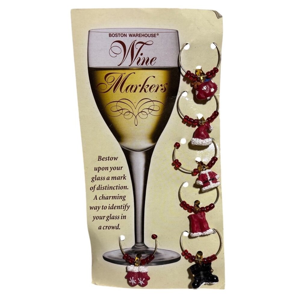 Boston Warehouse Christmas Wine Markers Set Of 6 Red & White Holiday Charms